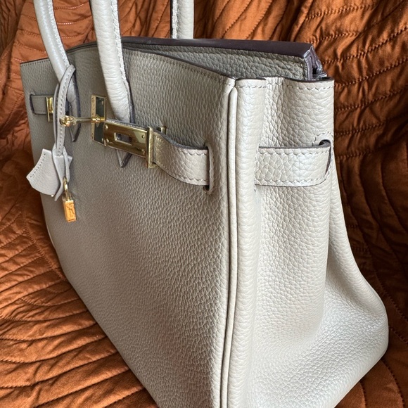 Tan Genuine Leather, Birkin-Inspired Tote with Gold Lock - Picture 10 of 12